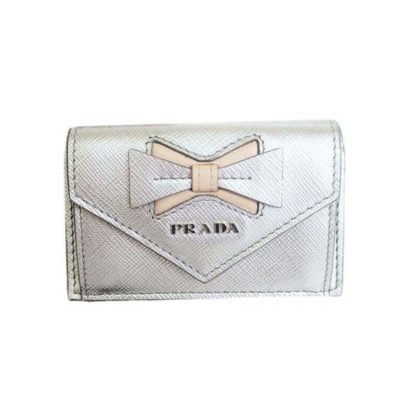Prada Ribbon Saffiano Metallic Silver and Beige Leather Trifold - Picture 1 of 5
